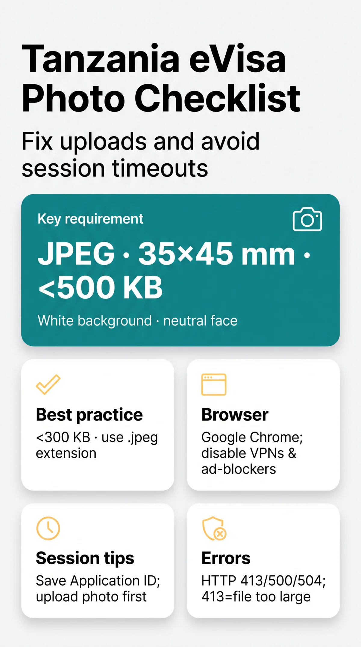 Infografika: Tanzania eVisa Application Photo Upload: Fix Upload Failures and Avoid Session Timeouts (2026 Guide)