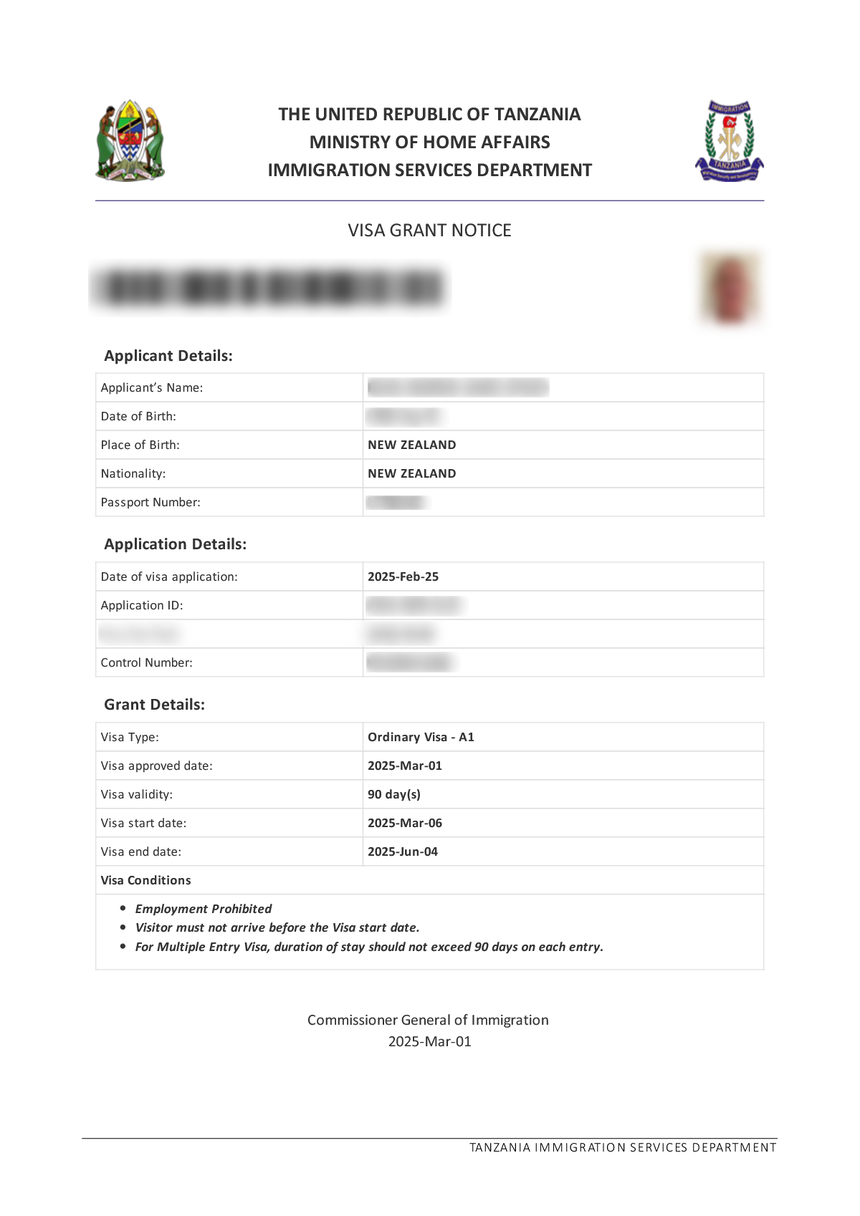 Sample Tanzania eVisa Visa Grant Notice